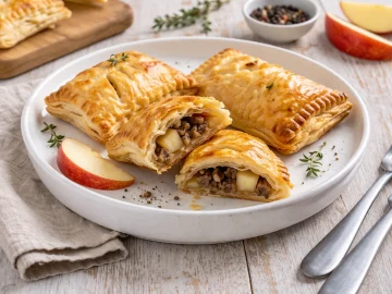 Goldbraune Blätterhappen mit herzhafter Füllung auf einem Teller auf hellem Holzhintergrund