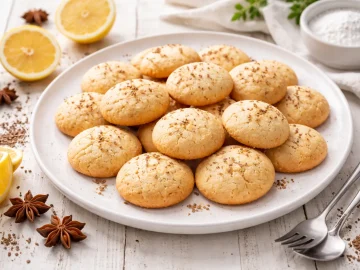 Frisch gebackene Anisküchlein auf weißem Teller mit Dekoration und hellem Holzhintergrund