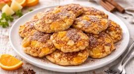 Goldbraune Pfannkuchen mit Apfel- und Orangenstücken auf weißem Teller mit Zimt und hellem Holzhintergrund