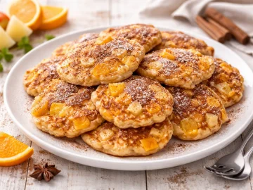 Goldbraune Pfannkuchen mit Apfel- und Orangenstücken auf weißem Teller mit Zimt und hellem Holzhintergrund