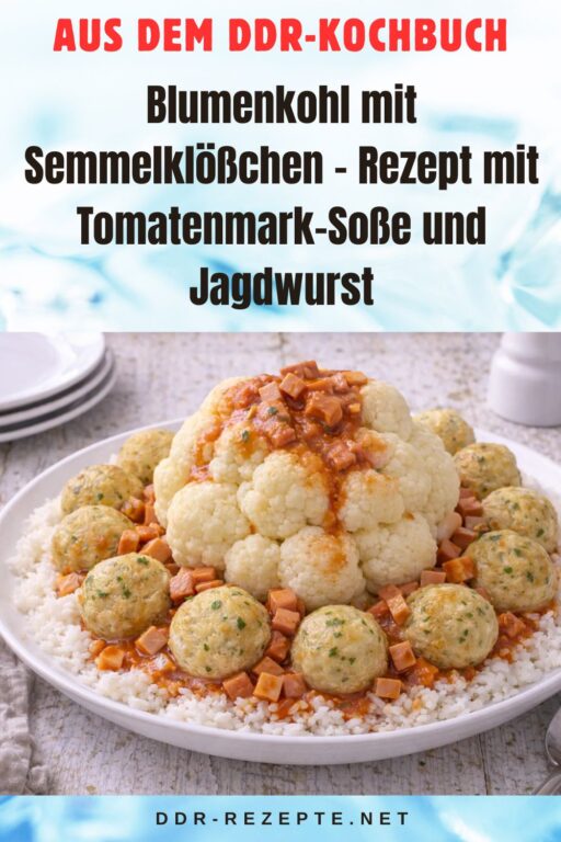 Blumenkohl mit Semmelklößchen – Rezept mit Tomatenmark-Soße und Jagdwurst
