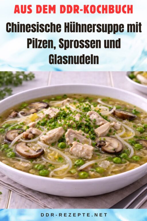 Chinesische Hühnersuppe mit Pilzen, Sprossen und Glasnudeln