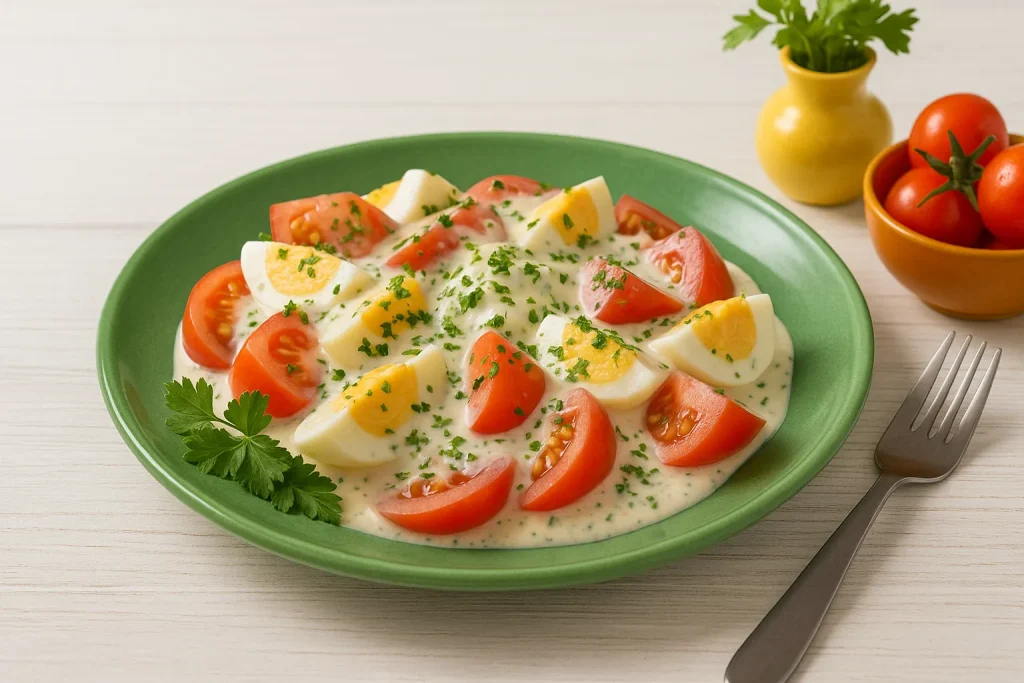  Grüner Keramikteller mit Eier-Tomaten-Salat, Eier- und Tomatenstücken in cremiger Soße, dekoriert mit Petersilie auf weißem Holztisch mit Maserung.