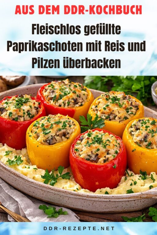 Fleischlos gefüllte Paprikaschoten mit Reis und Pilzen überbacken