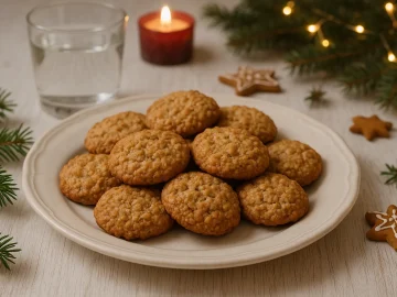 Frisch gebackene Haferflockenmakronen auf weißem Teller und hellem Holztisch