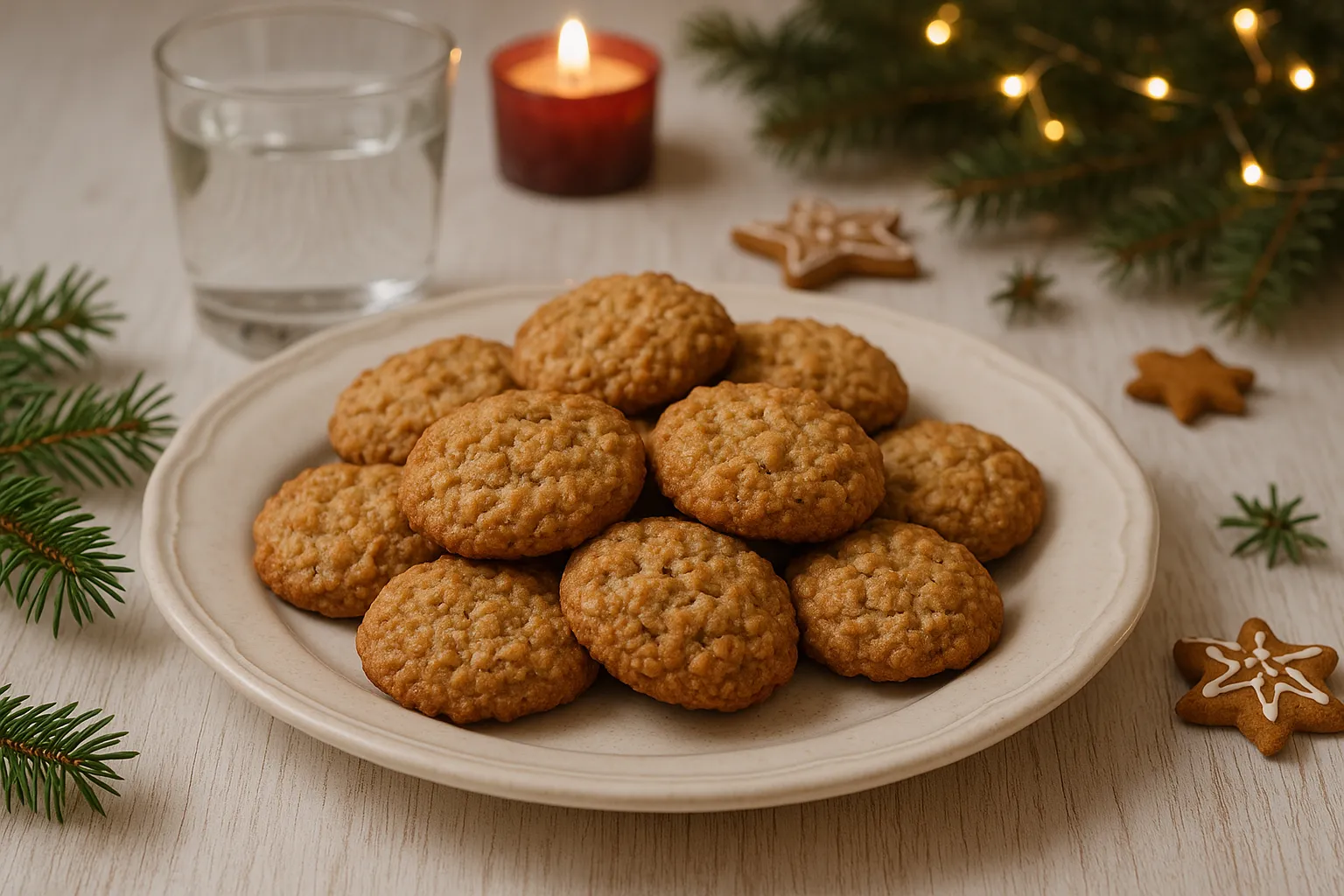 Frisch gebackene Haferflockenmakronen auf weißem Teller und hellem Holztisch