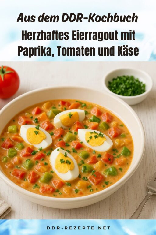 Herzhaftes Eierragout mit Paprika, Tomaten und Käse