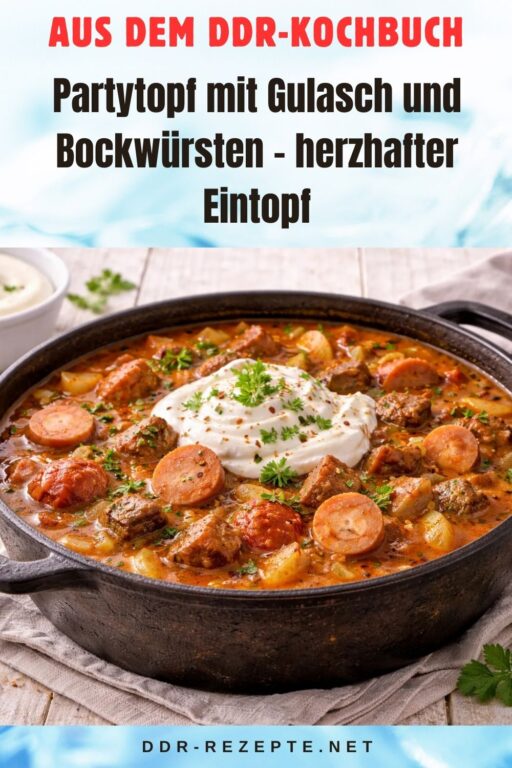 Partytopf mit Gulasch und Bockwürsten – herzhafter Eintopf