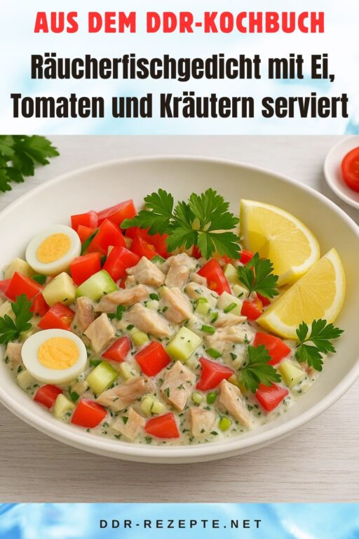 Räucherfischgedicht mit Ei, Tomaten und Kräutern serviert