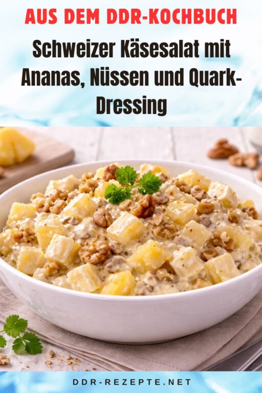 Schweizer Käsesalat mit Ananas, Nüssen und Quark-Dressing