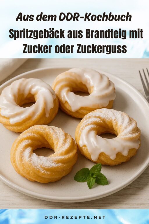 Spritzgebäck aus Brandteig mit Zucker oder Zuckerguss