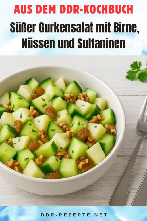 Süßer Gurkensalat mit Birne, Nüssen und Sultaninen