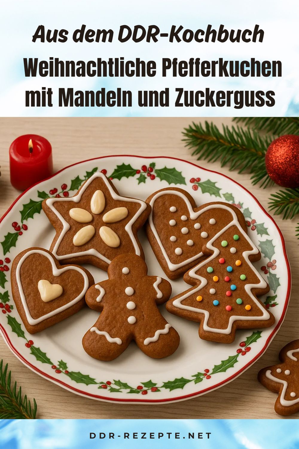 Weihnachtliche Pfefferkuchen mit Mandeln und Zuckerguss Weihnachtliche Pfefferkuchen mit Mandeln und Zuckerguss