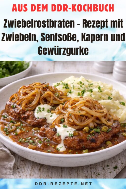 Zwiebelrostbraten – Rezept mit Zwiebeln, Senfsoße, Kapern und Gewürzgurke