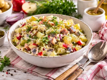 Heringssalat mit Kartoffeln, Äpfeln und Gurken in weißer Schüssel auf hellem Holztisch