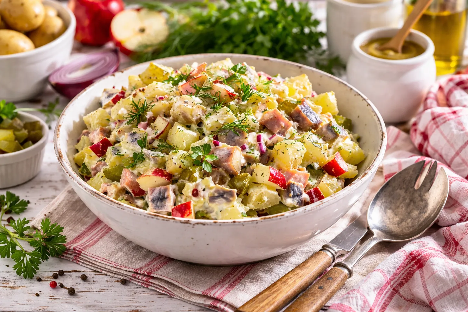 Heringssalat mit Kartoffeln, Äpfeln und Gurken in weißer Schüssel auf hellem Holztisch