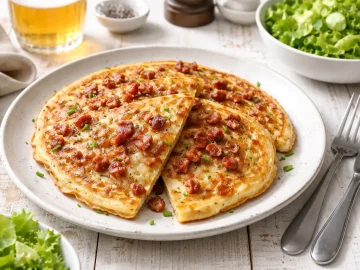 Goldbraun gebratene Altberliner Speckeierkuchen mit Speckwürfeln auf rustikalem weißen Teller auf hellem Holztisch