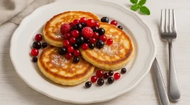 Goldbraune Buttermilchplinsen auf weißem rustikalen Teller, serviert mit frischen roten und schwarzen Beeren und Puderzucker, auf hellem Holzhintergrund.