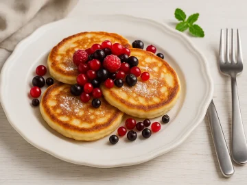 Goldbraune Buttermilchplinsen auf weißem rustikalen Teller, serviert mit frischen roten und schwarzen Beeren und Puderzucker, auf hellem Holzhintergrund.