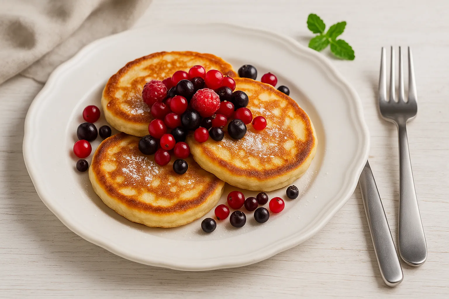 Goldbraune Buttermilchplinsen auf weißem rustikalen Teller, serviert mit frischen roten und schwarzen Beeren und Puderzucker, auf hellem Holzhintergrund.