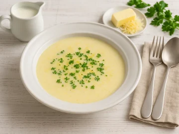 Amsterdamer Milchsuppe mit Käse, Butter und Petersilie in rustikalem weißen Teller auf weißem Holztisch mit Besteck und Milchkanne