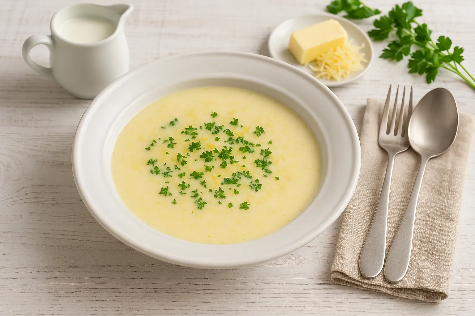 Amsterdamer Milchsuppe mit Käse, Butter und Petersilie in rustikalem weißen Teller auf weißem Holztisch mit Besteck und Milchkanne