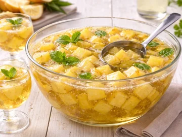 Gläsernes Bowlengefäß mit Ananasbowle, Ananaswürfeln und Schöpfkelle auf weißem Holzhintergrund mit sichtbarer Maserung