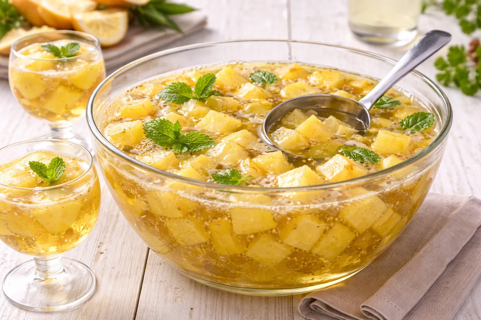 Gläsernes Bowlengefäß mit Ananasbowle, Ananaswürfeln und Schöpfkelle auf weißem Holzhintergrund mit sichtbarer Maserung