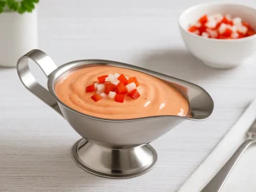 Andalusische Soße mit Mayonnaise, Tomatenmark und Paprika in Edelstahlsauciere auf hellem Holztisch