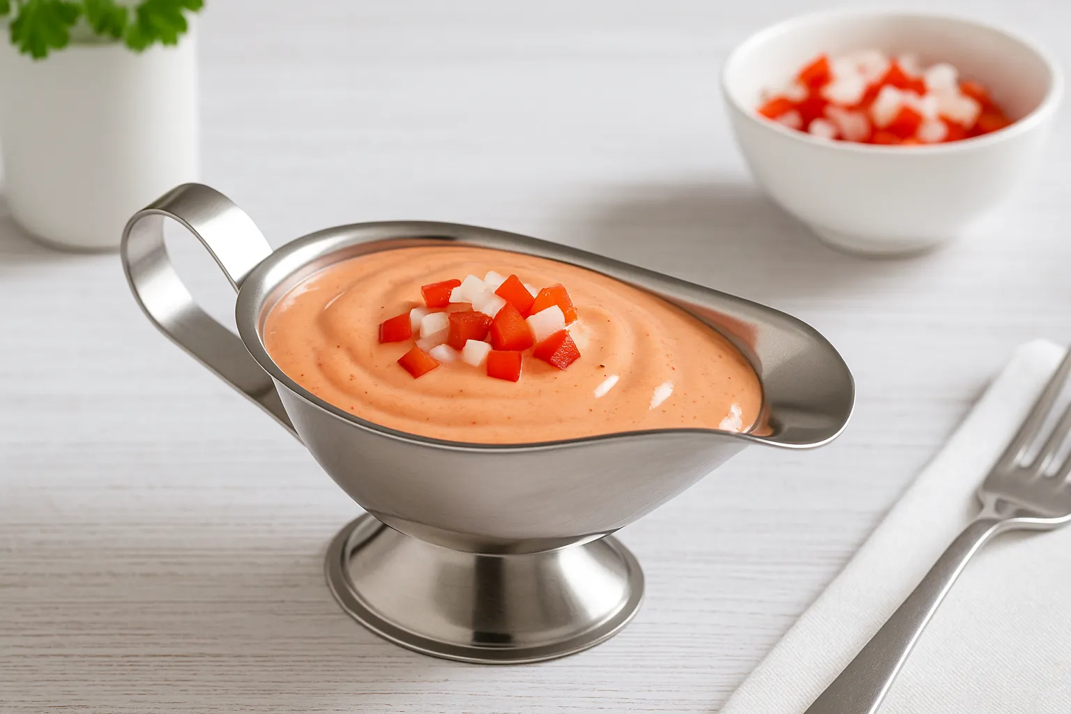 Andalusische Soße mit Mayonnaise, Tomatenmark und Paprika in Edelstahlsauciere auf hellem Holztisch