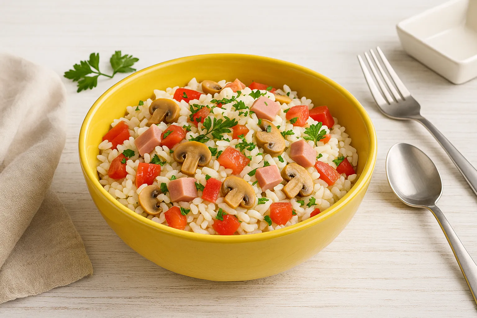 Andalusischer Reissalat mit Gemüse, Schinken und Pilzen in einer gelben Salatschüssel auf weißem Holztisch