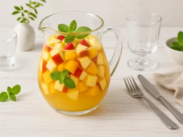 Glaskrug mit Apfel-Pfirsich-Bowle, gefüllt mit Fruchtstücken und Minzblättchen auf weißem Holztisch