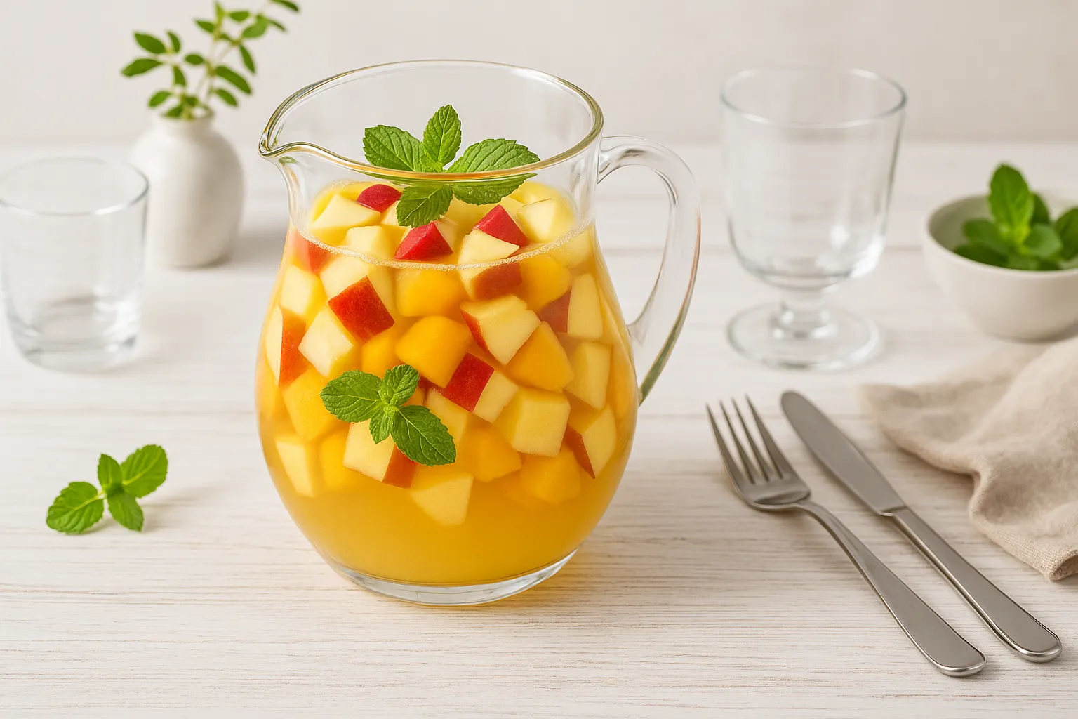 Glaskrug mit Apfel-Pfirsich-Bowle, gefüllt mit Fruchtstücken und Minzblättchen auf weißem Holztisch