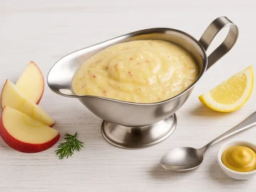 Cremige Apfel-Senf-Soße in einer Edelstahlsauciere, dekoriert mit Apfelschnitzen und Zitrone