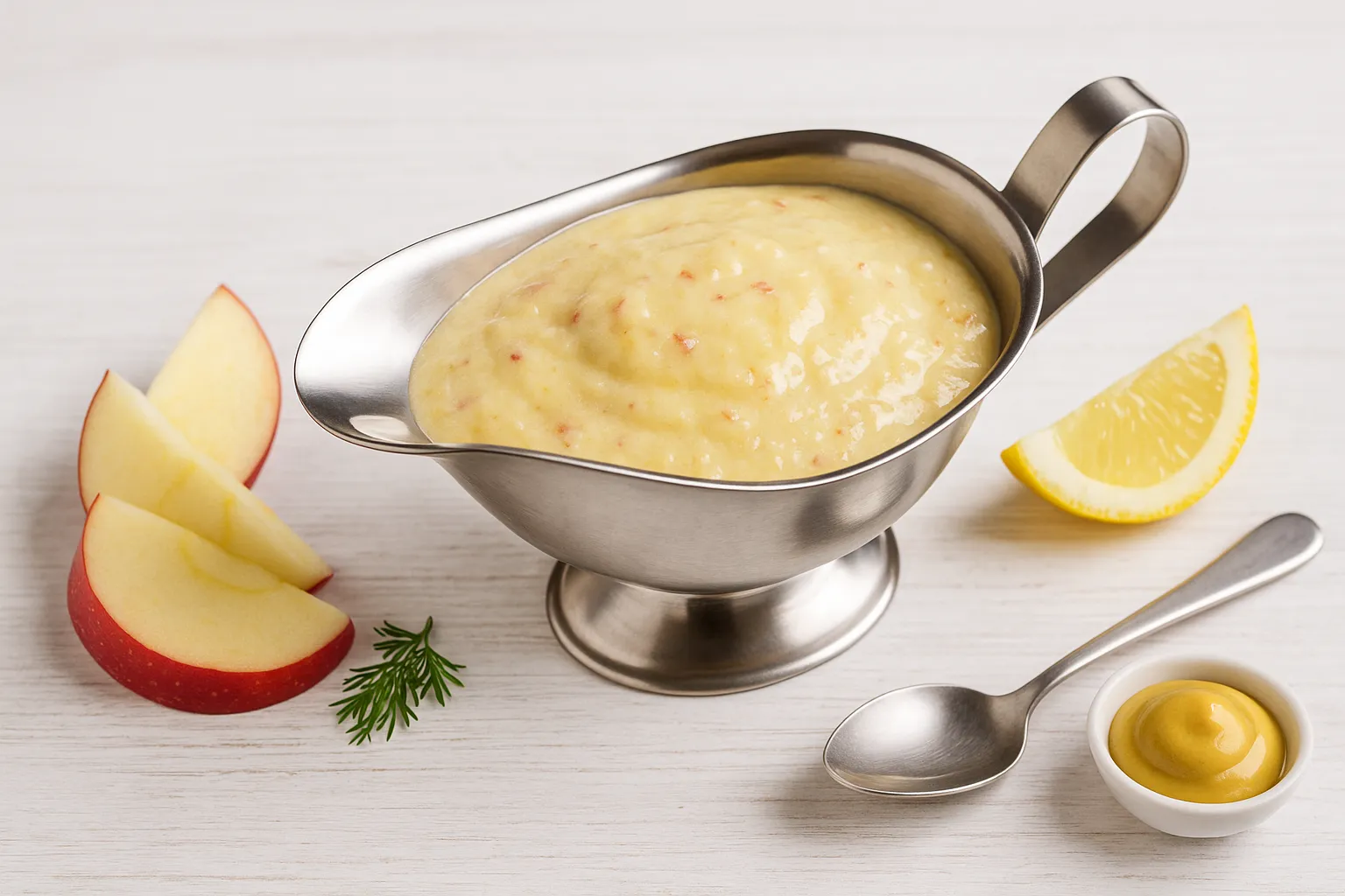 Cremige Apfel-Senf-Soße in einer Edelstahlsauciere, dekoriert mit Apfelschnitzen und Zitrone