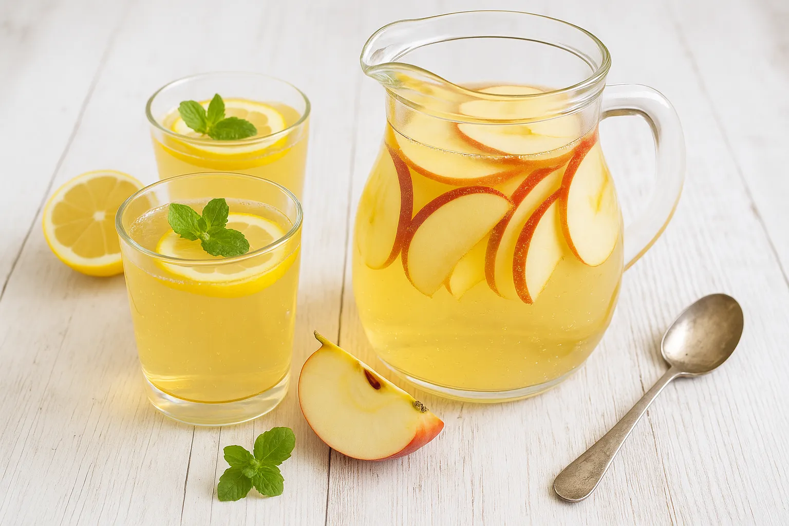 Apfelbowle in Glaskrug mit Weißwein, Sekt und Apfelscheiben auf hellem Holztisch mit Gläsern und Dekoration
