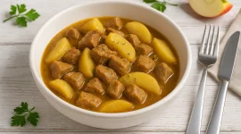 Apfelgulasch aus Schweinekamm mit Apfelscheiben in weißer Schüssel auf hellem Holz, mit Besteck und Deko