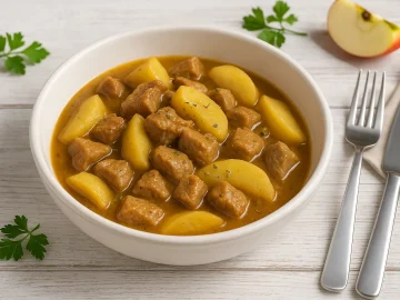 Apfelgulasch aus Schweinekamm mit Apfelscheiben in weißer Schüssel auf hellem Holz, mit Besteck und Deko