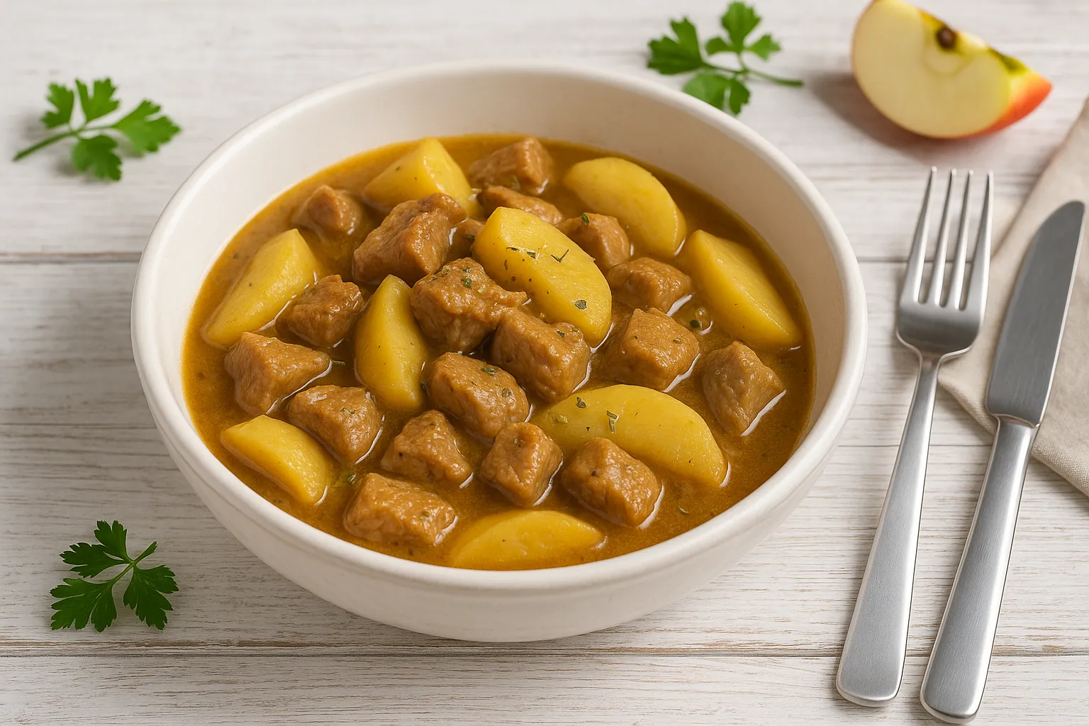 Apfelgulasch aus Schweinekamm mit Apfelscheiben in weißer Schüssel auf hellem Holz, mit Besteck und Deko