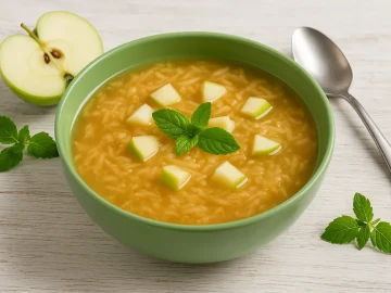 Frische Apfelkaltschale mit geriebenen Äpfeln in einer grünen Schale, serviert auf weißem Holzhintergrund