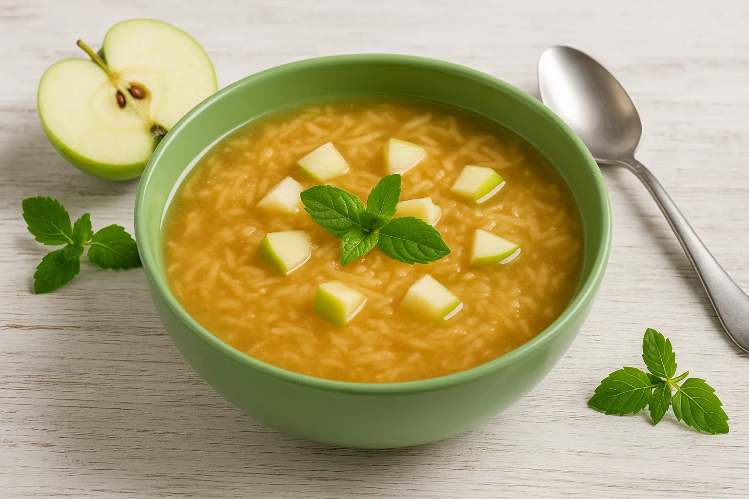 Frische Apfelkaltschale mit geriebenen Äpfeln in einer grünen Schale, serviert auf weißem Holzhintergrund