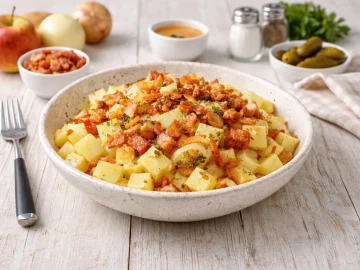 Apfelkartoffeln mit Kartoffelwürfeln, Apfelstücken, Speck und gerösteten Zwiebeln in weißer Schüssel auf hellem Holzhintergrund