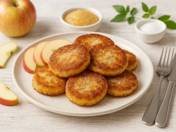 Apfelkeulchen aus Kartoffeln und Äpfeln auf weißem rustikalen Teller mit Apfelscheiben, Zucker und Besteck auf hellem Holzhintergrund.