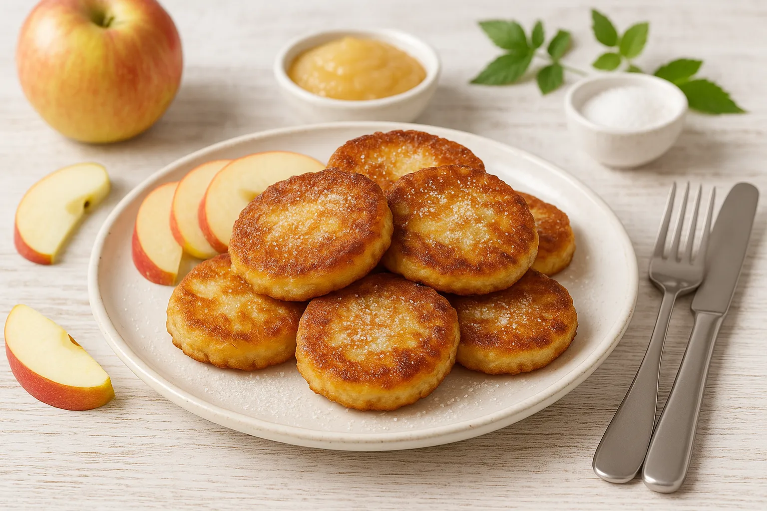 Apfelkeulchen aus Kartoffeln und Äpfeln auf weißem rustikalen Teller mit Apfelscheiben, Zucker und Besteck auf hellem Holzhintergrund.