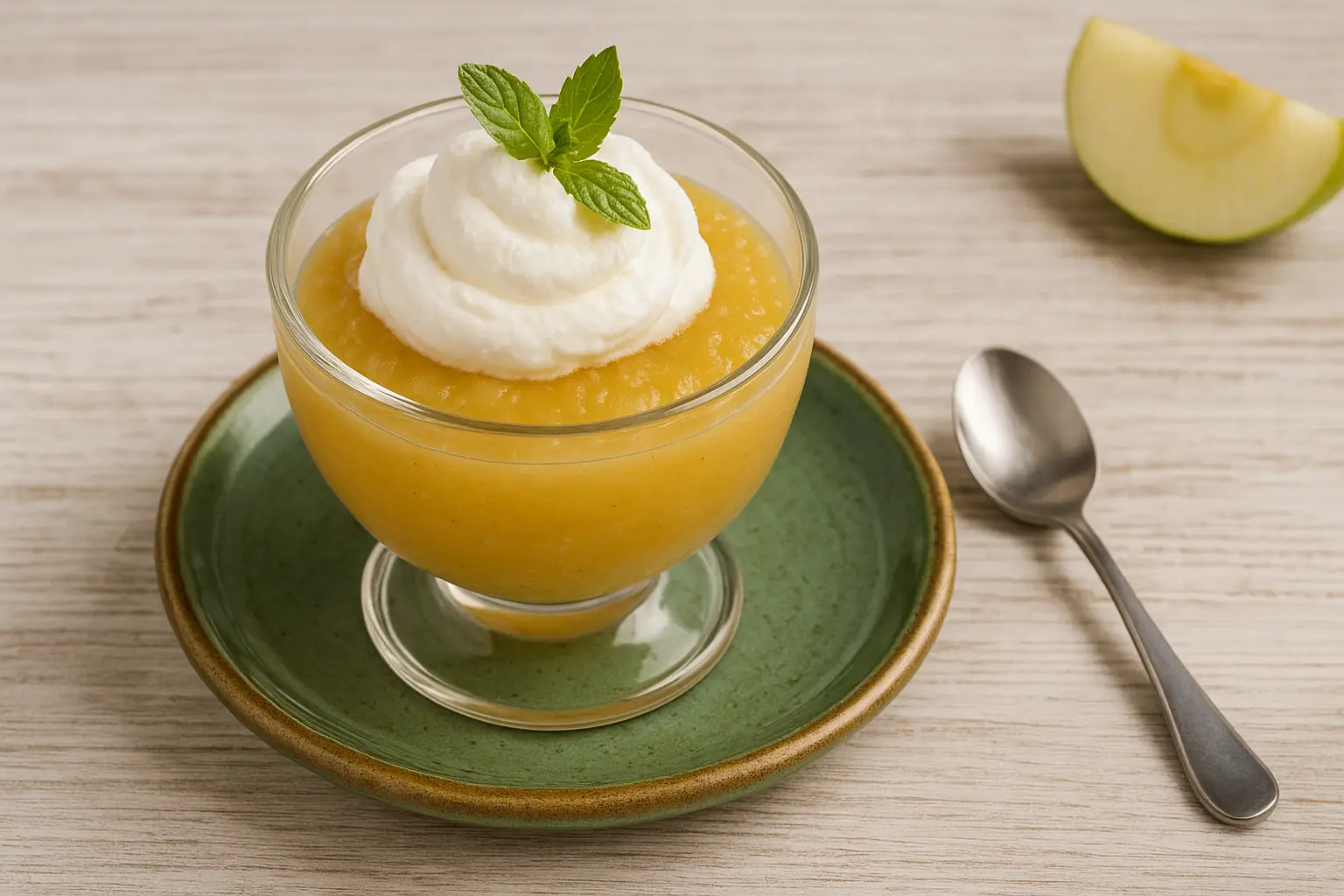  Apfelmus mit Schlagsahne im Dessertglas, serviert auf grünem Unterteller, dekoriert mit Minze auf weißem Holztisch.