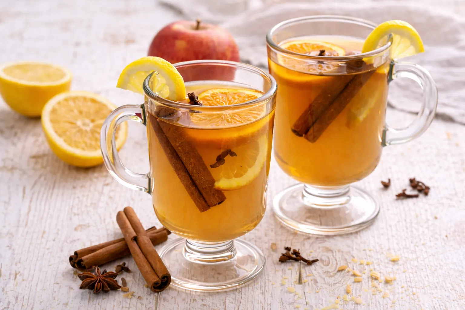Apfelpunsch in zwei Glasbechern mit Zimtstange, Nelken und Zitronenscheibe auf weißem Holzhintergrund