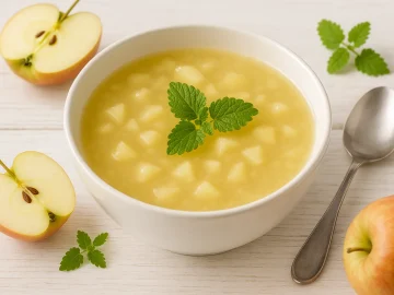 Apfelsuppe mit Zitronenmelisse und Apfelstücken in weißer Schüssel, serviert auf weißem Holztisch mit Apfelhälften und Löffel