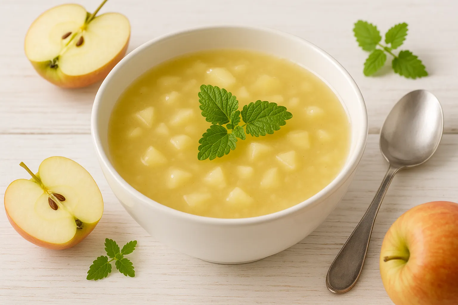Apfelsuppe mit Zitronenmelisse und Apfelstücken in weißer Schüssel, serviert auf weißem Holztisch mit Apfelhälften und Löffel