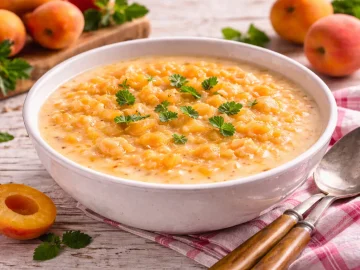 Cremige Aprikosensuppe mit frischen Aprikosen in weißer Schüssel auf Holztisch