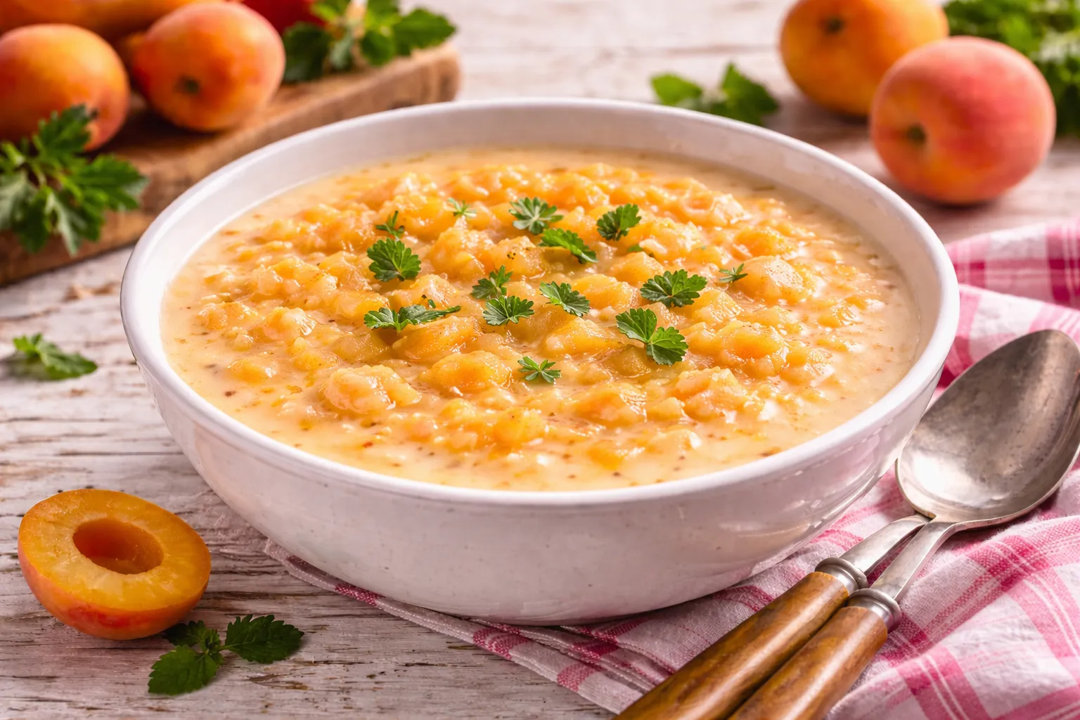 Cremige Aprikosensuppe mit frischen Aprikosen in weißer Schüssel auf Holztisch